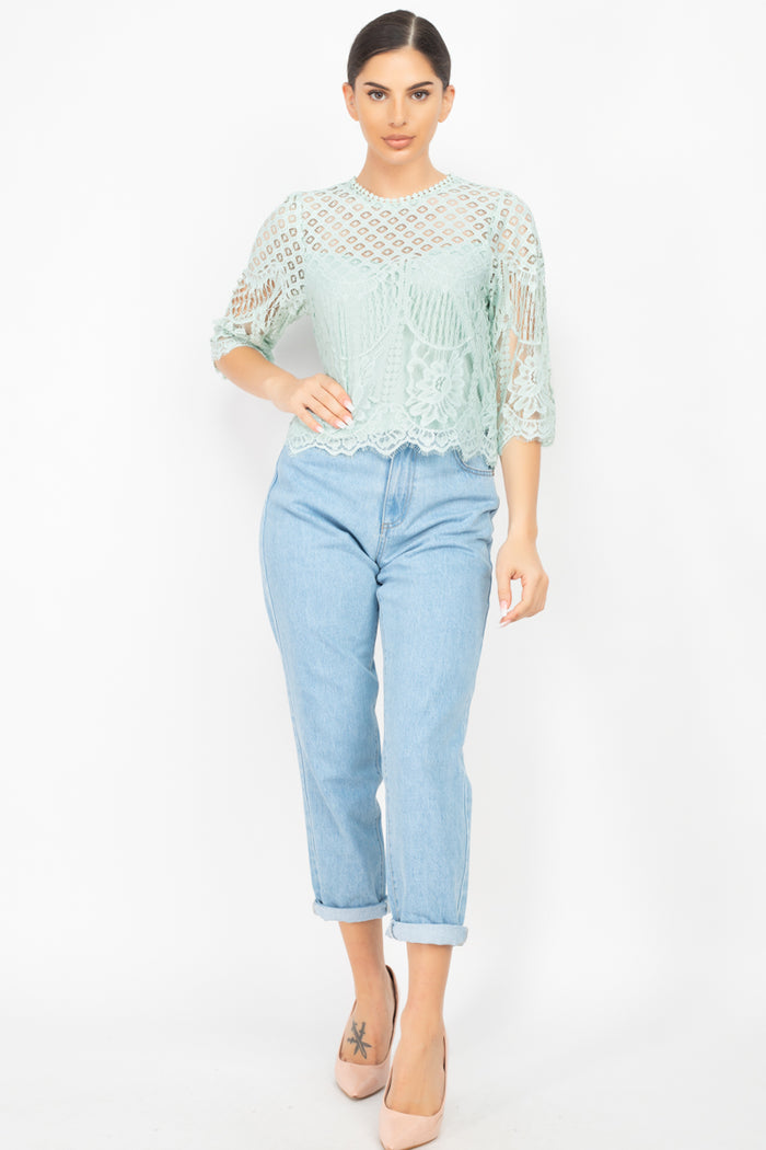 Mock 3/4 Sleeves Lace Designed Top