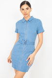 Belted Bodycon Collared Denim Dress