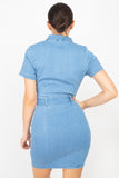 Belted Bodycon Collared Denim Dress