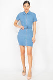 Belted Bodycon Collared Denim Dress