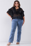 Plus Sheer Mesh Ruffle Lace-up V-neck Detail Wide Sleeve Relaxed Top