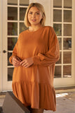 Plus Camel Round Neck Long Sleeve Drop Waist Sweatshirt Mini Dress