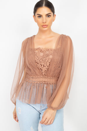 Sheer Mesh Crochet Peplum Top