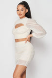 Sexy Sheer Cutout Puff Sleeved Top And Skirt Set