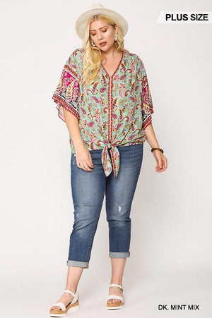 Paisley Printed V-neck Top With Front Tie