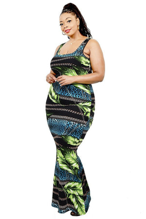 Plus Leaf & Chain Print Bodycon Maxi Dress