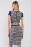 Navy & White Geometrical Pattern Short Sleeve Crop Top & High-waisted Pencil Skirt Two Piece Set