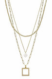 3 Layered Metal Chain Square & Pearl Pendant Necklace