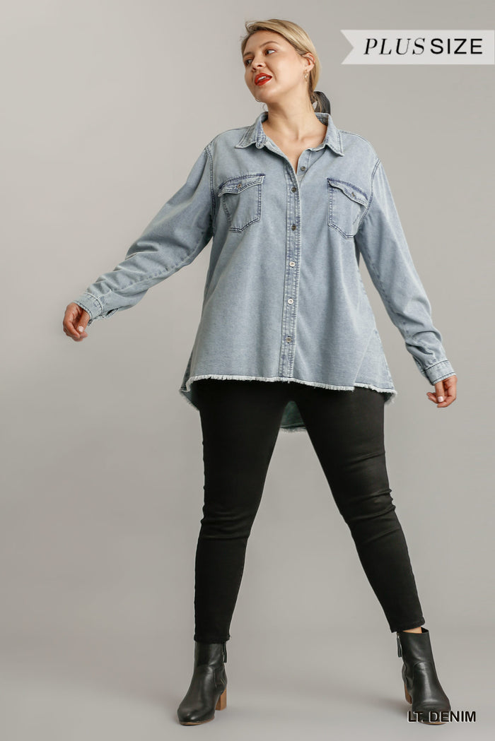 Chest Pockets Collar Button Down Denim Jacket With Unfinished High Low Hem