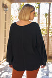 Plus Black Super Soft Long Balloon Sleeve Soft V-neck Front Pocket Loose Fit Top