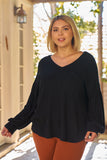 Plus Black Super Soft Long Balloon Sleeve Soft V-neck Front Pocket Loose Fit Top