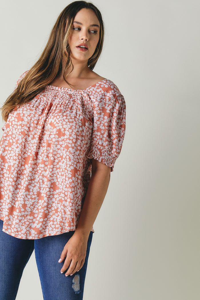 Plus Square Neck Smocked Detail Top