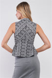 Charcoal Grey Damask-inspired Geometric Pattern Print Sleeveless Mock Neck Fit & Flare Top