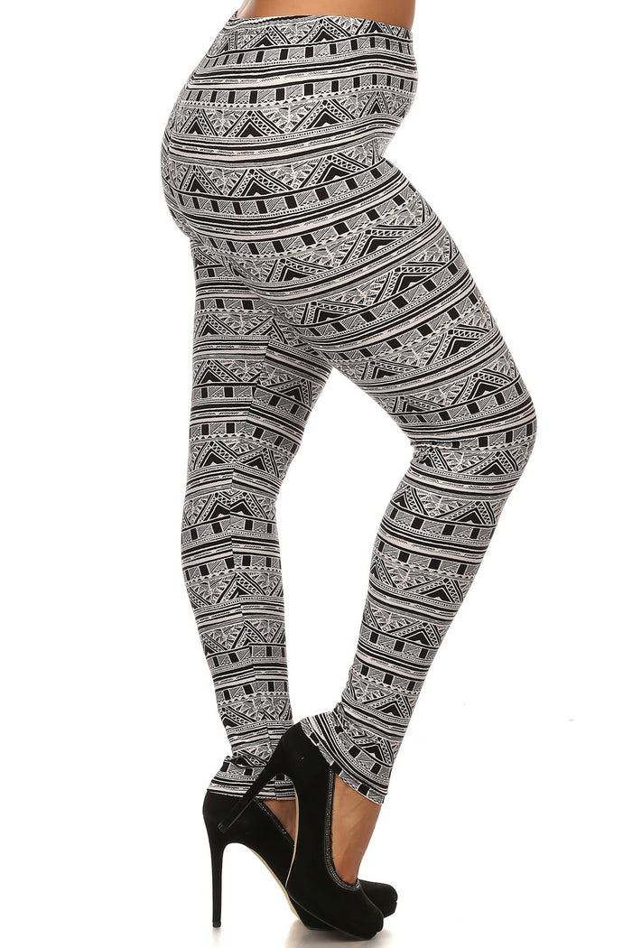 Knit, Tribal Pattern Print, Full Length Leggings With Elastic Waist