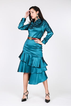 Asymmetrical Ruffle Bottom Satin Skirt