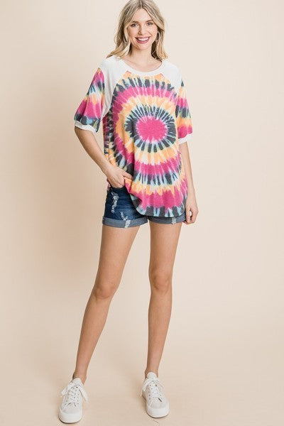 French Terry Tie Dye Printed Casual Mini Bubble Sleeves Tunic Top