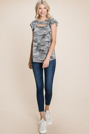 Army Camo Printed Cut Out Neckline Short Flutter Sleeves Casual Basic Top