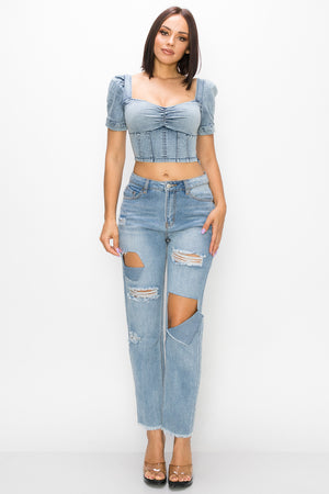 Acid Wash Puff-sleeve Crop Top