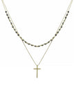 2 Layered Metal Chain Seed Bead Cross Pendant Necklace