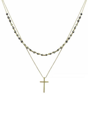 2 Layered Metal Chain Seed Bead Cross Pendant Necklace