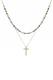 2 Layered Metal Chain Seed Bead Cross Pendant Necklace