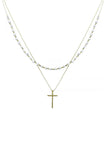 2 Layered Metal Chain Seed Bead Cross Pendant Necklace