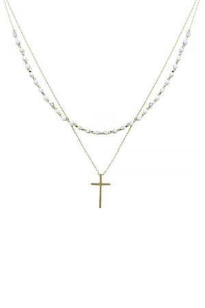 2 Layered Metal Chain Seed Bead Cross Pendant Necklace