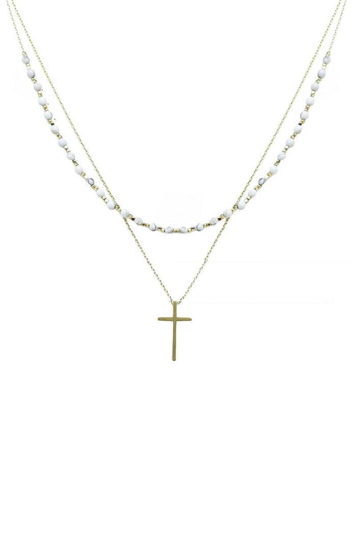 2 Layered Metal Chain Seed Bead Cross Pendant Necklace