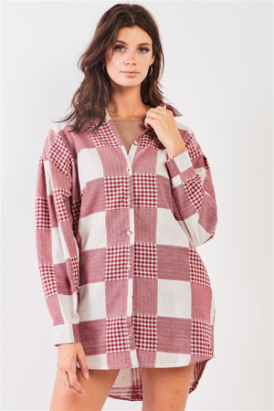 Red & Natural 90s Multi Plaid Oversized Button Down Mini Shirt Dress