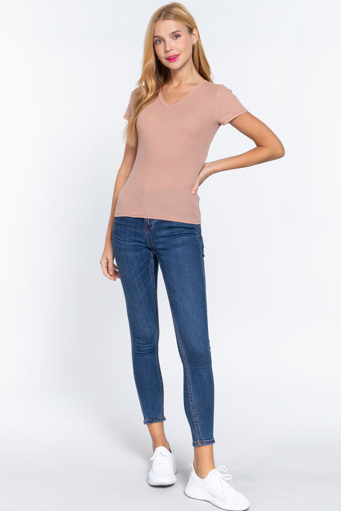 Short Sleeve V-neck Rib Top