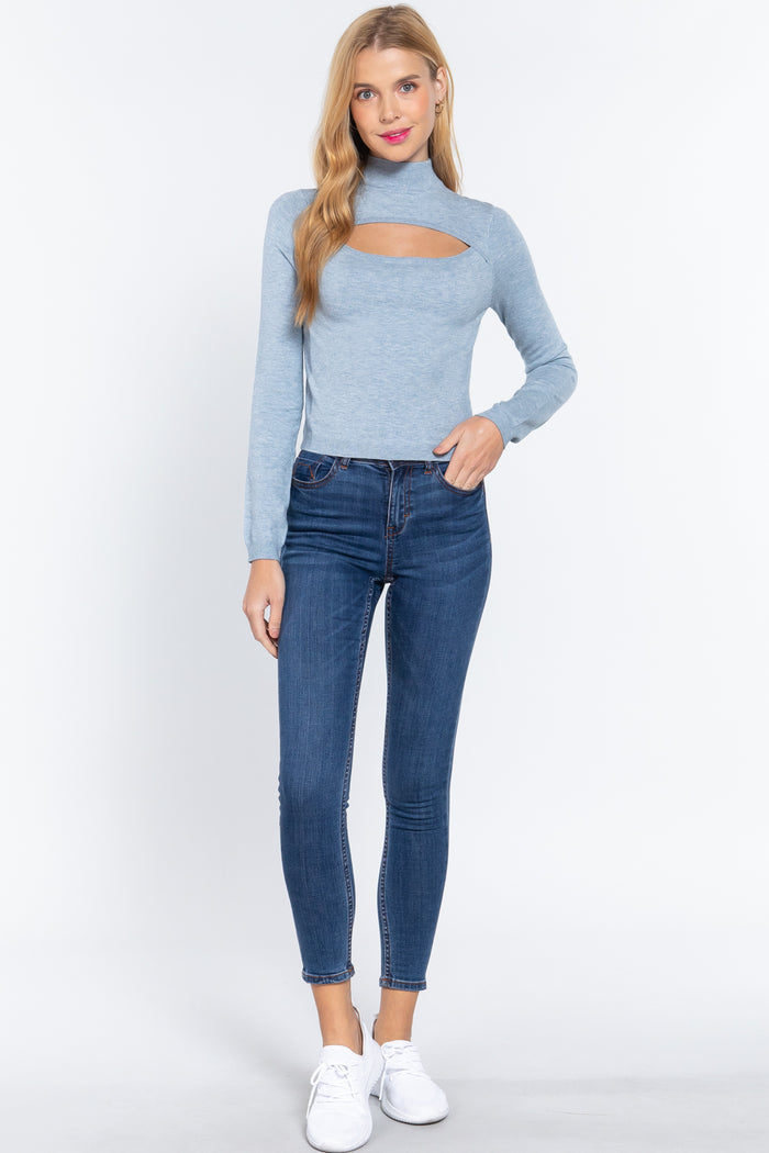 Long Slv Mock Neck Keyhole Sweater