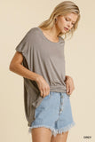 Short Sheer Dolman Sleeve Scoop Neck Top With Side Slit