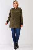 Plus Olive Drawstring Trim Zip-up Fitted Coach Rain Jacket