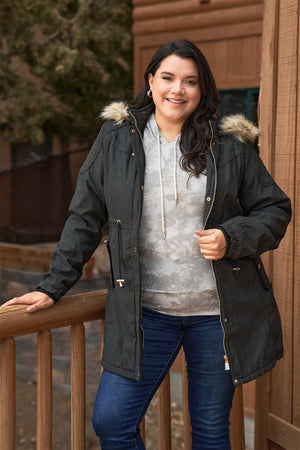Plus Size Quilted Detail Vegan Fur Cotton Twill Parka Jacket
