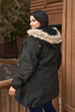 Plus Size Quilted Detail Vegan Fur Cotton Twill Parka Jacket