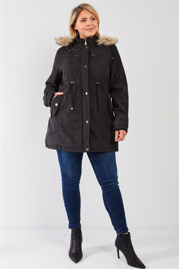 Plus Size Quilted Detail Vegan Fur Cotton Twill Parka Jacket