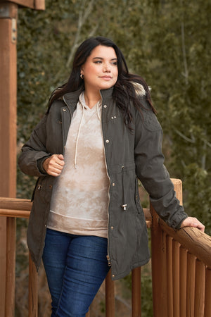 Plus Size Quilted Detail Vegan Fur Cotton Twill Parka Jacket