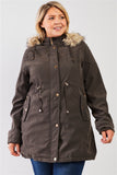 Plus Size Quilted Detail Vegan Fur Cotton Twill Parka Jacket