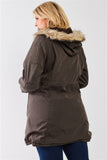 Plus Size Quilted Detail Vegan Fur Cotton Twill Parka Jacket
