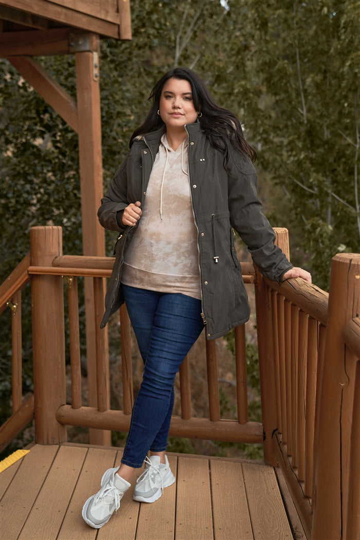 Plus Size Quilted Detail Vegan Fur Cotton Twill Parka Jacket