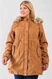 Plus Size Quilted Detail Vegan Fur Cotton Twill Parka Jacket