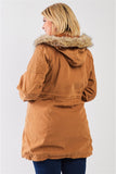 Plus Size Quilted Detail Vegan Fur Cotton Twill Parka Jacket