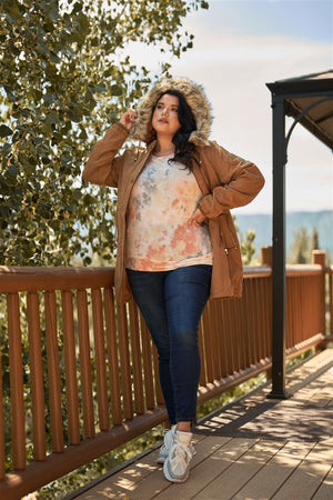 Plus Size Quilted Detail Vegan Fur Cotton Twill Parka Jacket