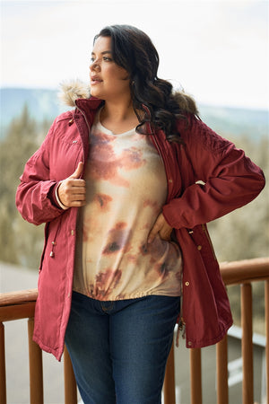 Plus Size Quilted Detail Vegan Fur Cotton Twill Parka Jacket
