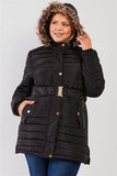 Plus Parallel Quilt Faux Fur Hood Belted Padded Long Puffer Jacket