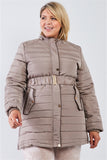 Plus Parallel Quilt Faux Fur Hood Belted Padded Long Puffer Jacket