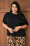 Plus Black Satin Round Neck Short Sleeve Loose Fit Top