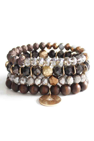 Crystal Wood Bead Stretch Bracelet Set