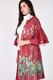 Border Print Ruffle Sleeve Suede Jacket