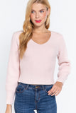 Long Puff Slv V-neck Rib Sweater